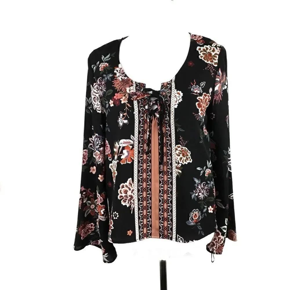Takara Blouse Tie Front Black Floral Orange White Bell Sleeves Small